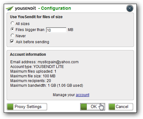 Параметры конфигурации YouSendIt в Outlook — выбор порога размера файла