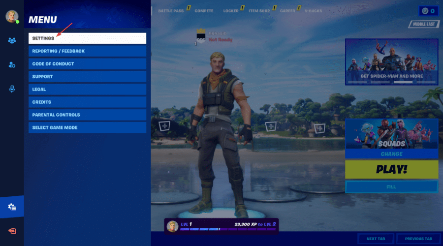 Пункт «Настройки» в меню Fortnite