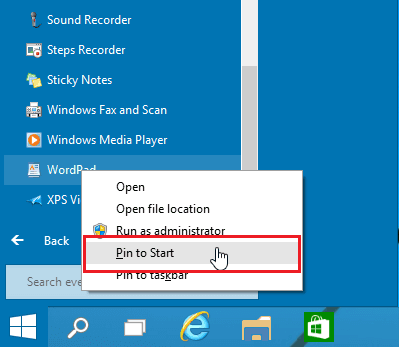 Контекстное меню приложения с командой Закрепить на Пуск