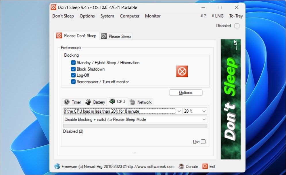 Окно Don't Sleep с опциями