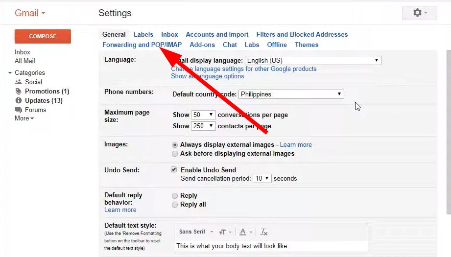 Вкладка 'Forwarding and POP/IMAP' в настройках Gmail