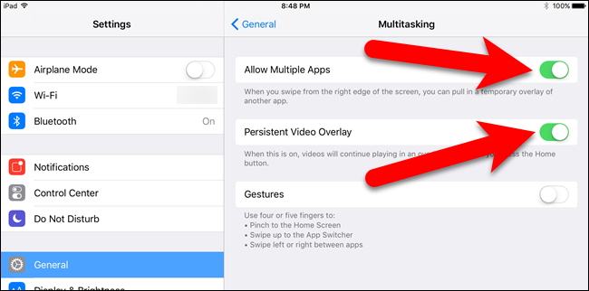 Переключатели Многозадачности включены: Разрешить несколько приложений и Постоянное видео