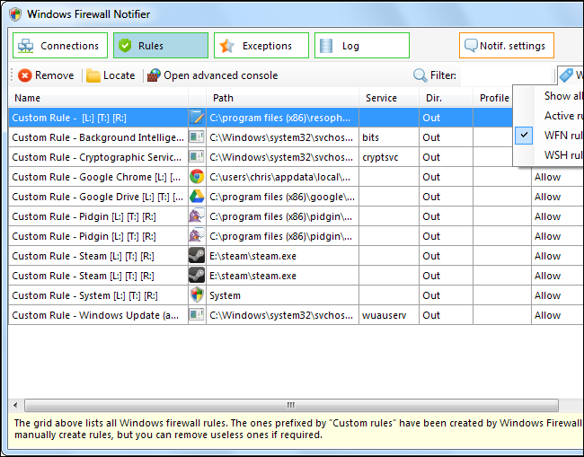 Вкладка Rules: управление правилами брандмауэра Windows