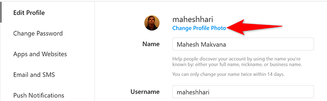 Опция «Сменить фото профиля» на странице редактирования профиля сайта