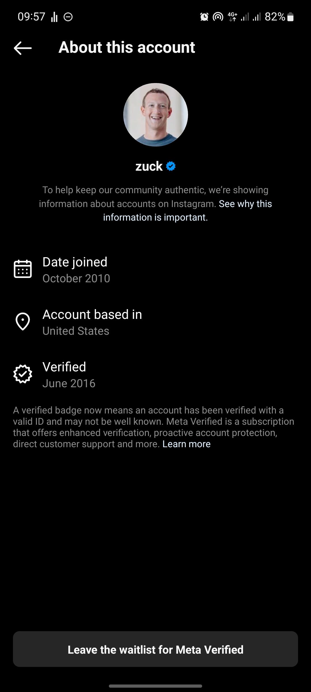 screenshot of zuckerberg account information