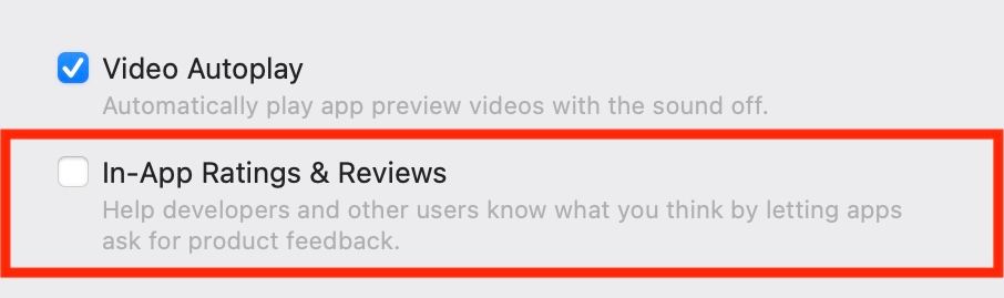 Выключение опции «Оценки и отзывы в приложении» в настройках App Store на Mac.