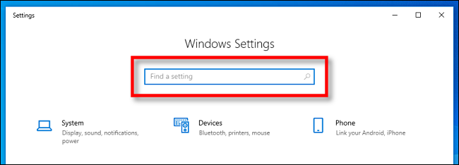 Строка поиска в приложении Параметры Windows 10: введите запрос, чтобы увидеть всплывающие результаты.