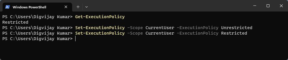 Окно PowerShell: политика выполнения скриптов