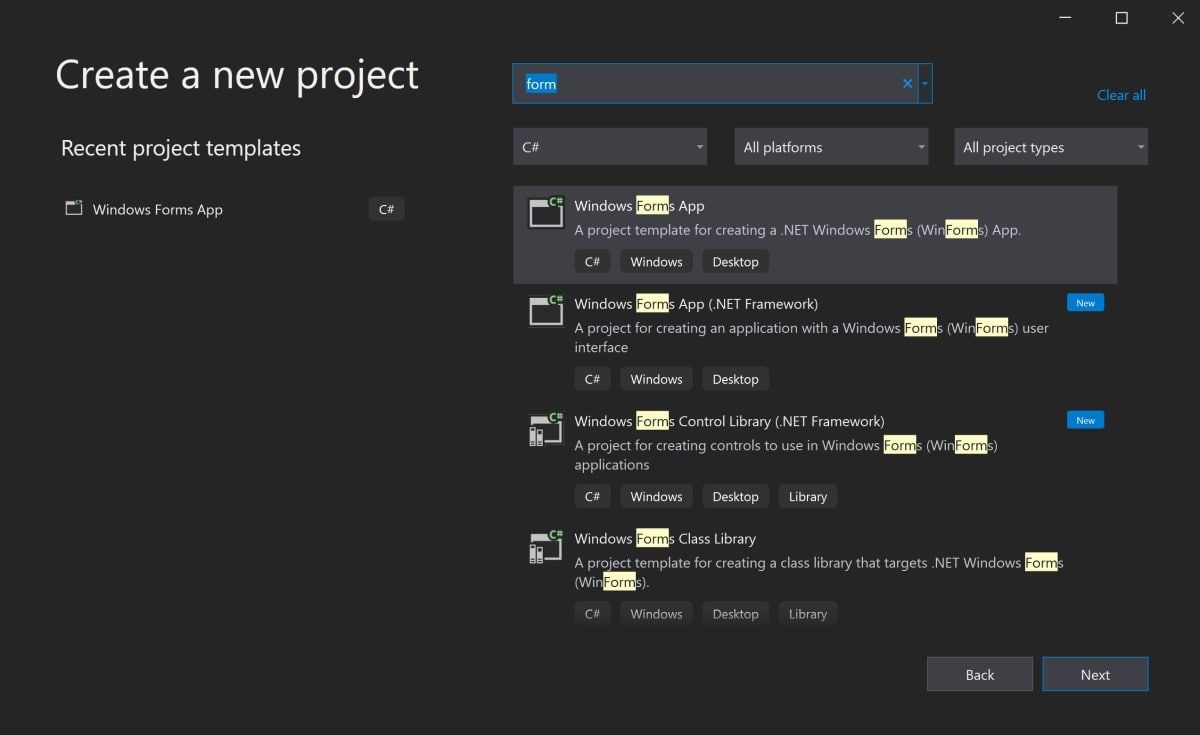Выбор шаблона Windows Forms в списке проектов