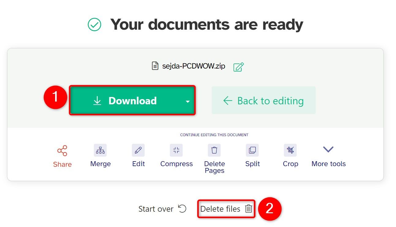Кнопки Download и Delete Files подсвечены на Sejda.