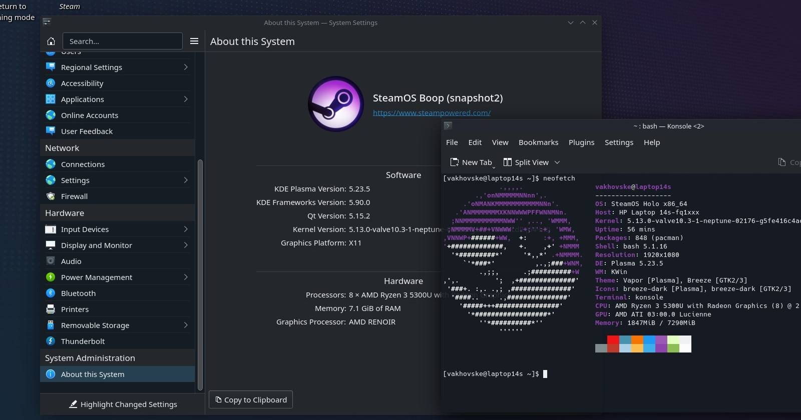 Вид рабочего стола Steam OS на ПК