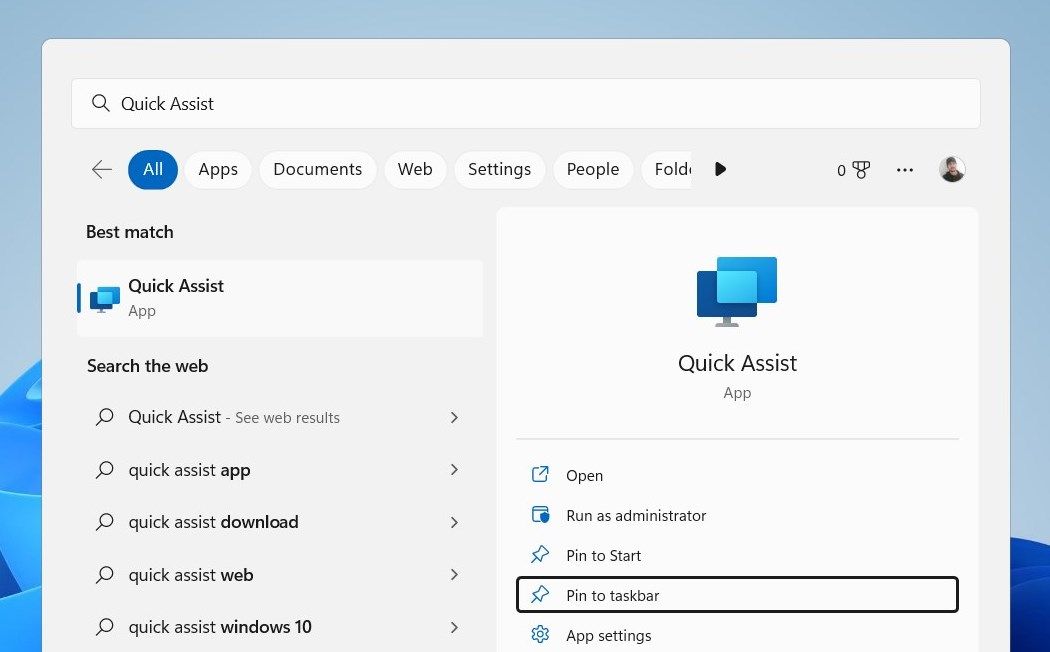 Закрепление Quick Assist на панели задач Windows