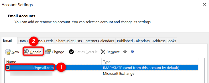 Запустить восстановление учётной записи в Outlook.