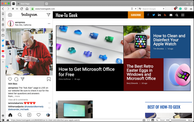 Мобильный сайт Instagram в Web Panel Vivaldi
