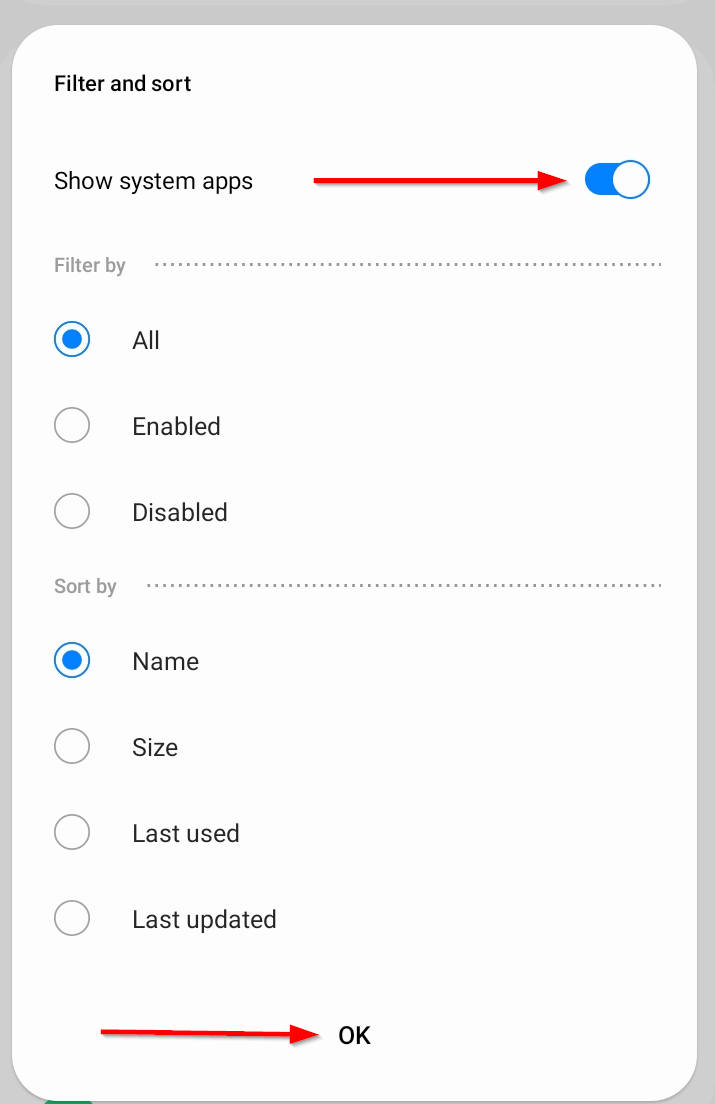 Всплывающее окно с опцией Показать системные приложения