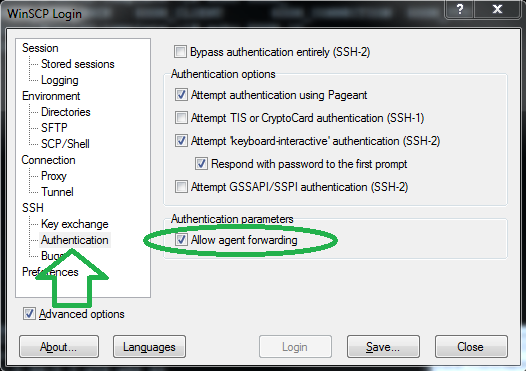 Разрешить пересылку агента в WinSCP