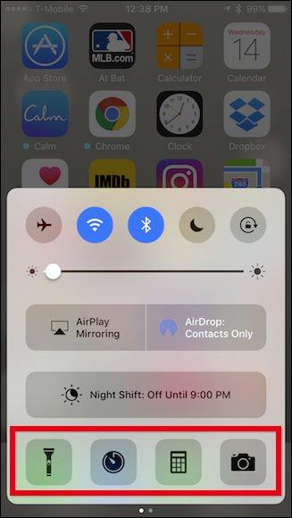 Нижний ряд Пункта управления: фонарик, таймер, калькулятор, камера