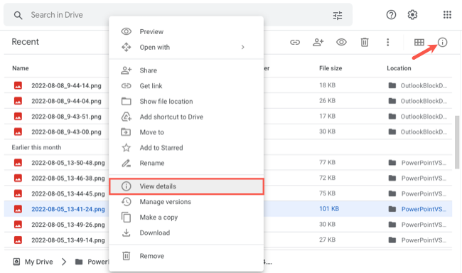 Просмотреть сведения в меню и вверху Google Drive