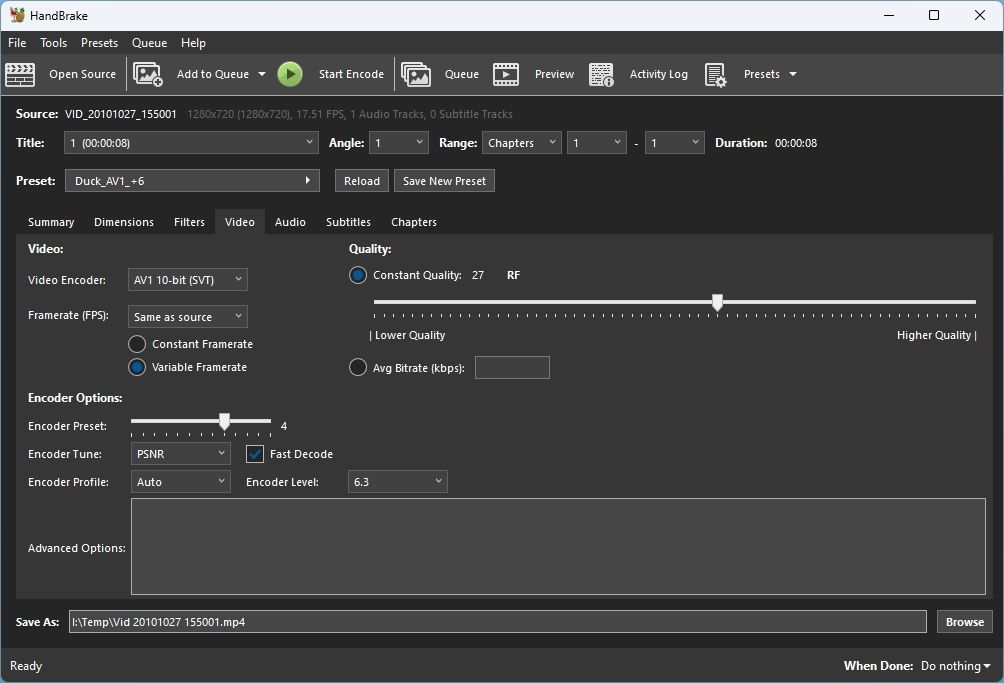 Настройки для высокого качества с AV1-SVT