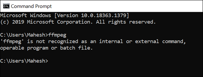 Сообщение об ошибке при попытке запустить ffmpeg без добавленного PATH