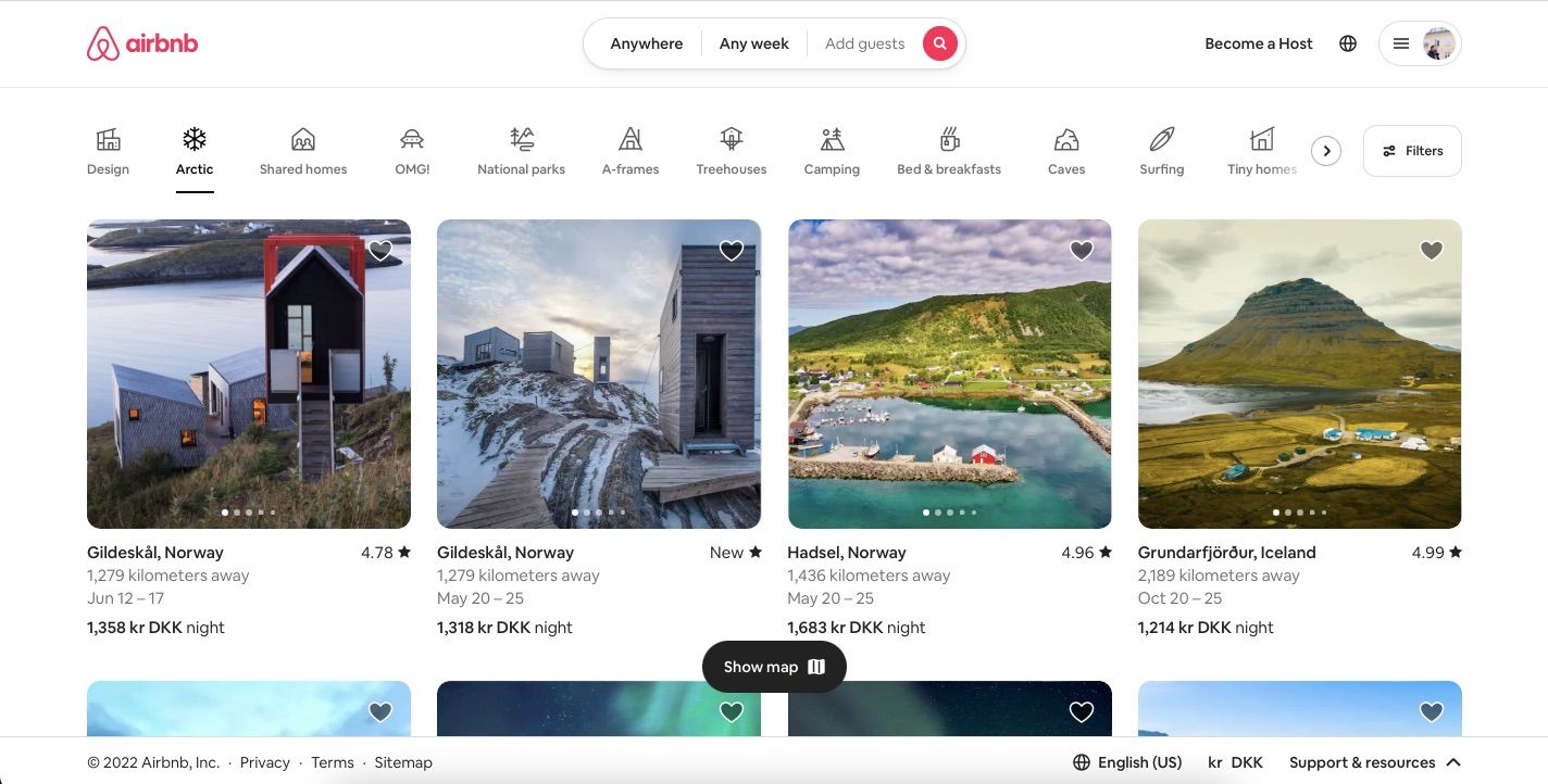 screenshot showing categories on airbnb