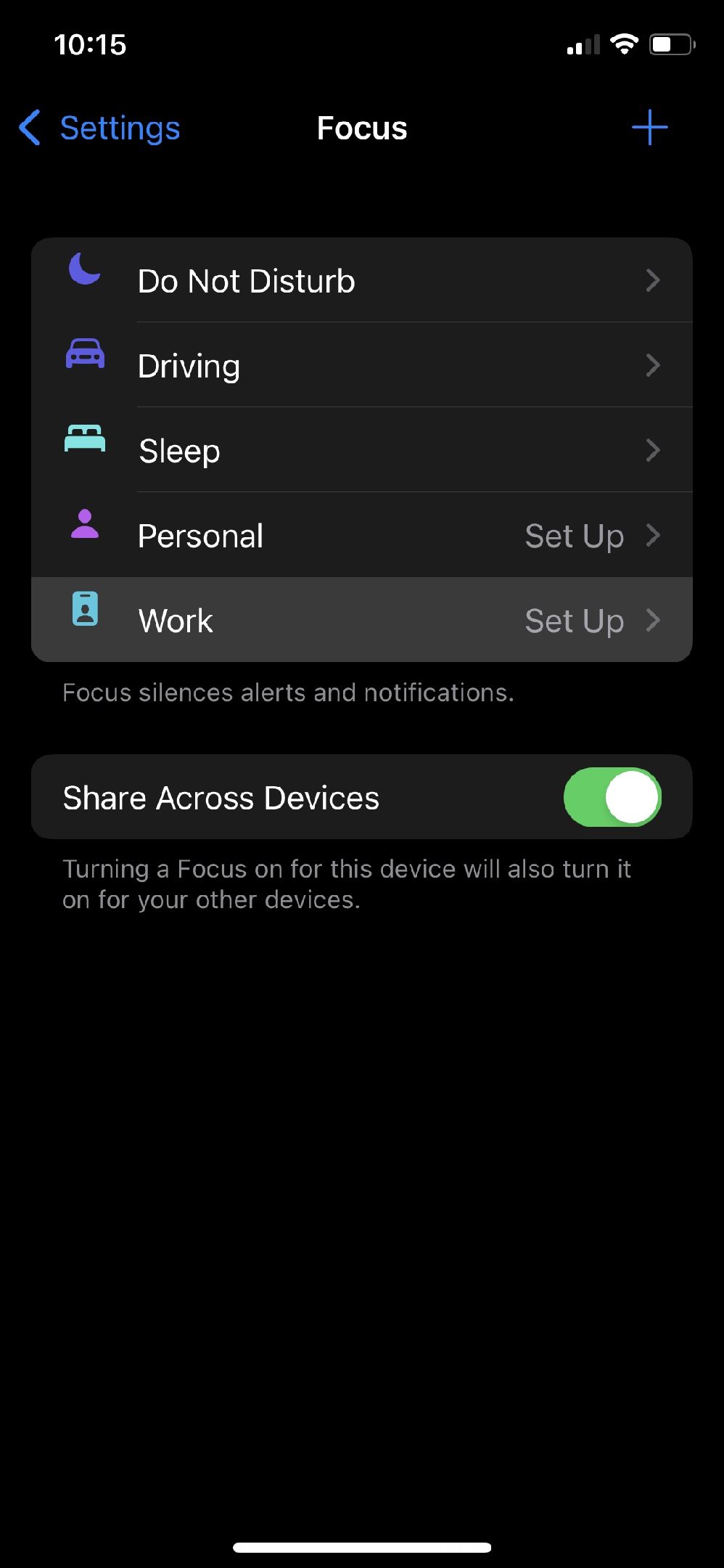 Меню настроек Фокус на iOS 15