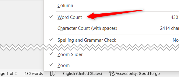 Включение количество слов в строке состояния.