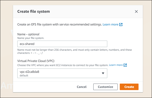 Выбор VPC и подсетей для точек монтирования EFS