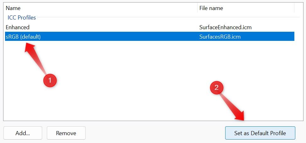 Установка созданного цветового профиля по умолчанию в настройках управления цветом Windows.