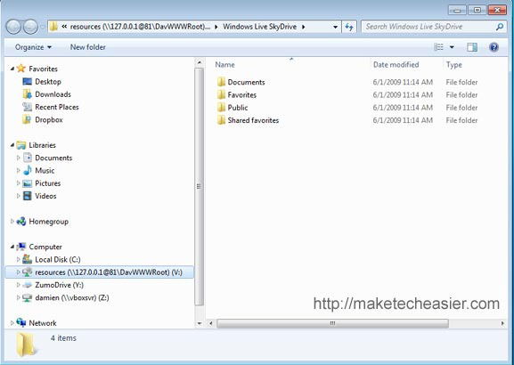 SkyDrive, смонтированный в проводнике как сетевой диск