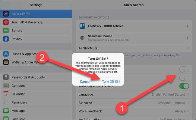 Siri settings dialog with arrow pointing to Siri toggles and Turn off Siri prompt