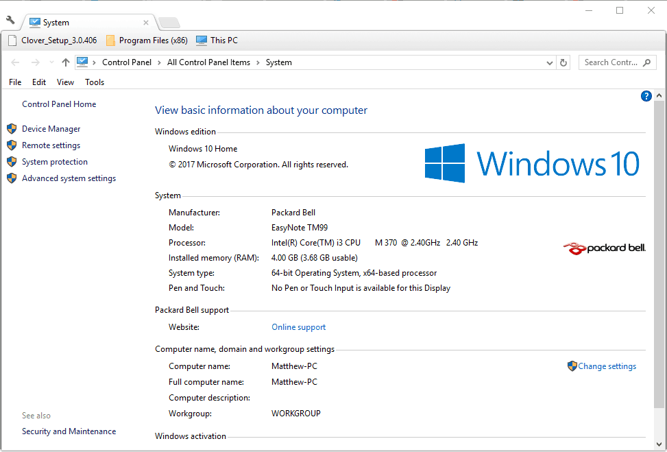 Окно Система с информацией о типе системы
