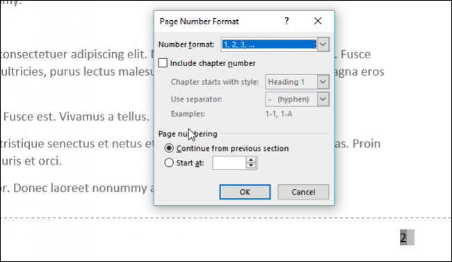 Окно Формат номеров страниц с опцией Продолжать нумерацию
