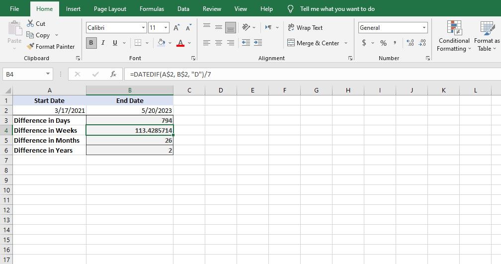 Применение DATEDIF с простыми единицами (D, M, Y) в Excel