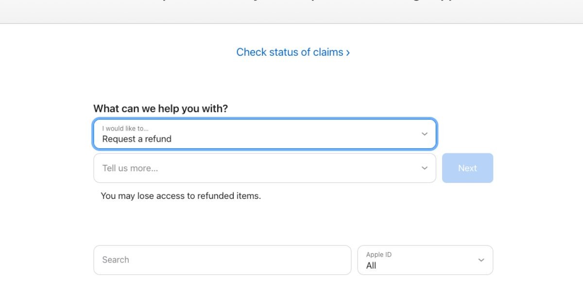 Выбор причины «Request a refund» в интерфейсе Apple