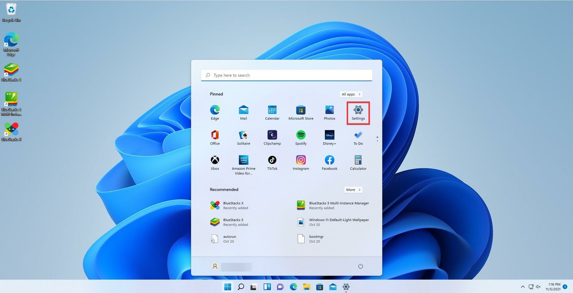 Cerca Impostazioni nel menu Start