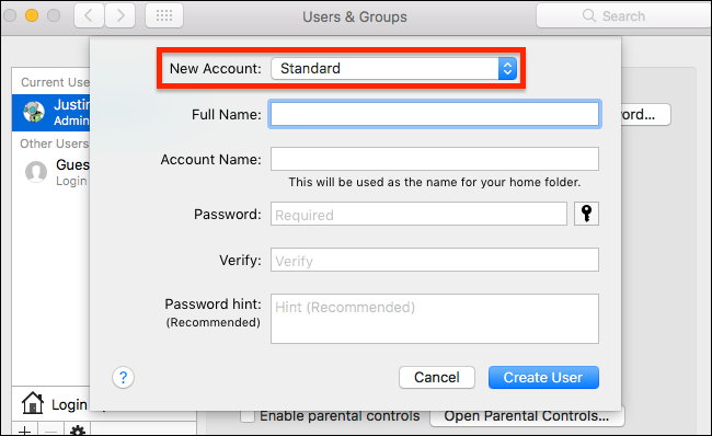 Форма создания новой учётной записи с полями
