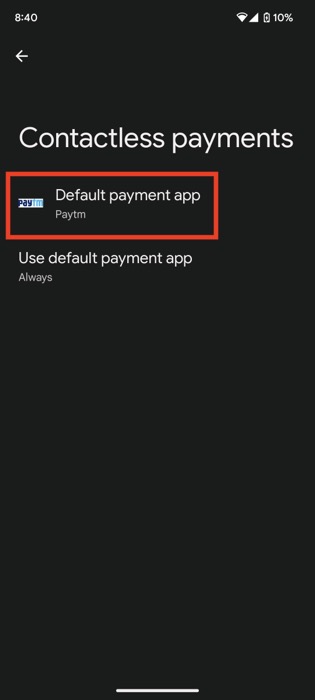 Pantalla con selección de la app de pago por defecto en Android
