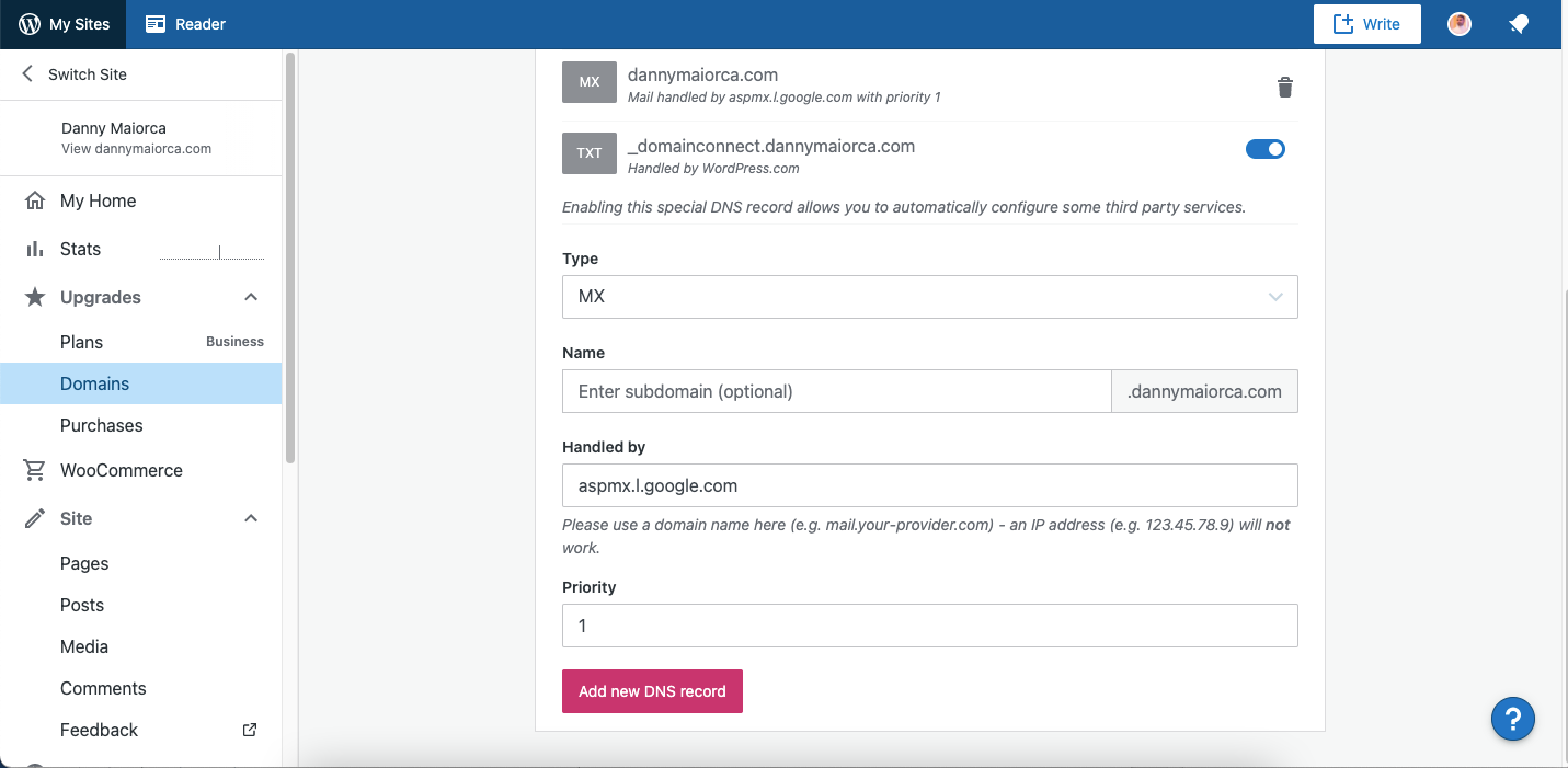 Приоритет MX-записей в панели WordPress