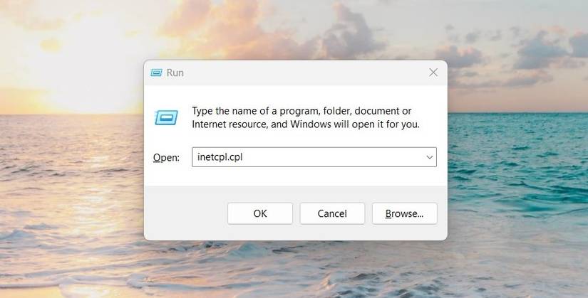 Открыть Internet Options через окно Выполнить