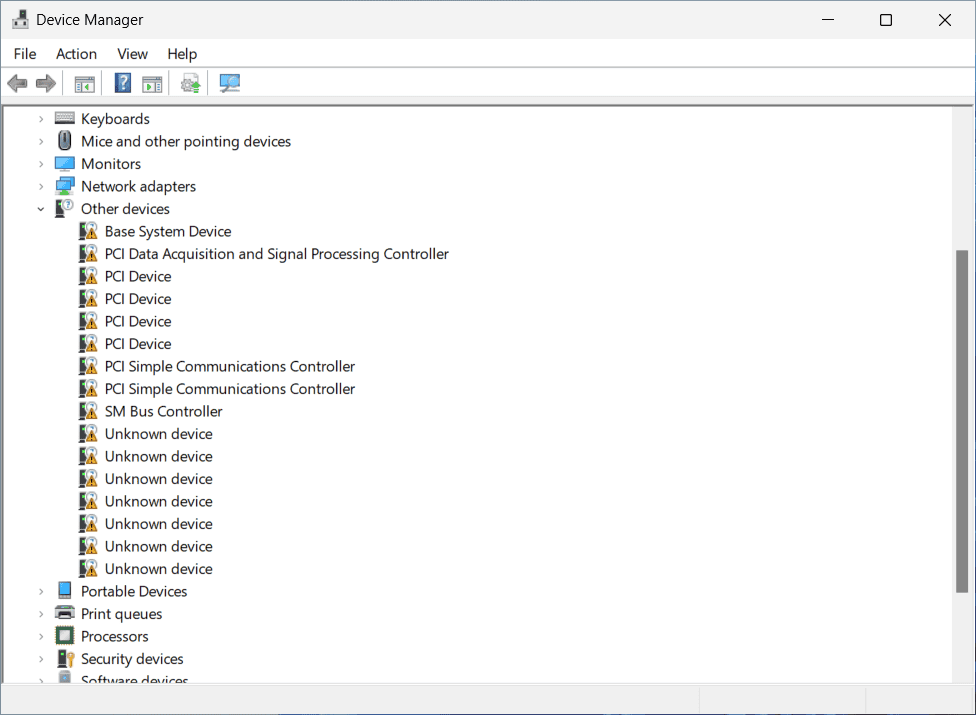 Диспетчер устройств: предупреждающие значки у драйверов