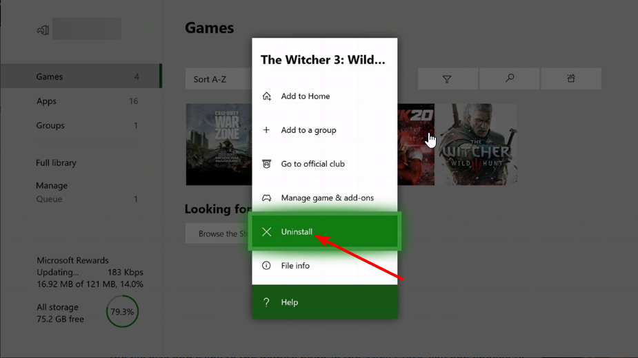 Удаление игры в интерфейсе Xbox