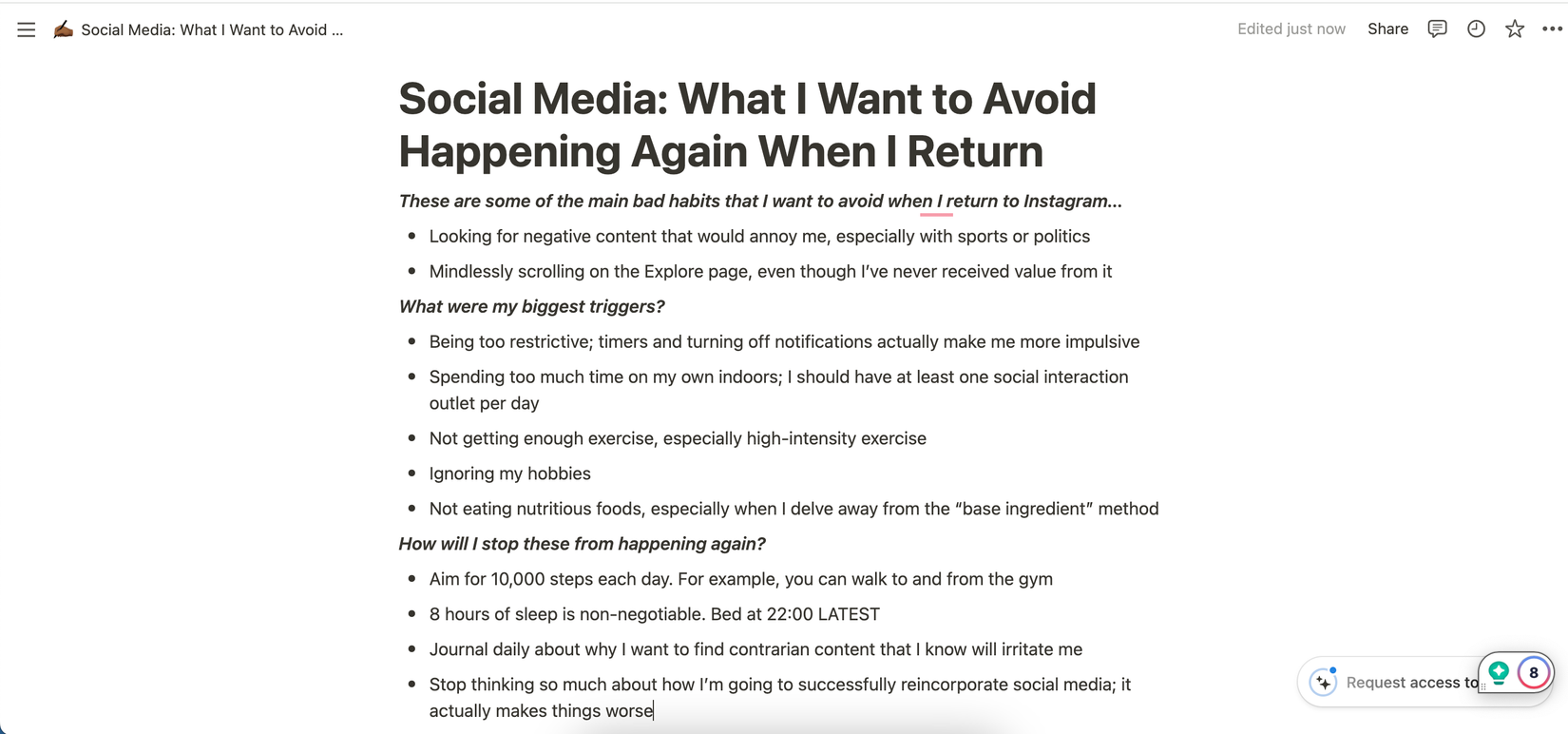 Ведение журнала в Notion о прошлых привычках в соцсетях