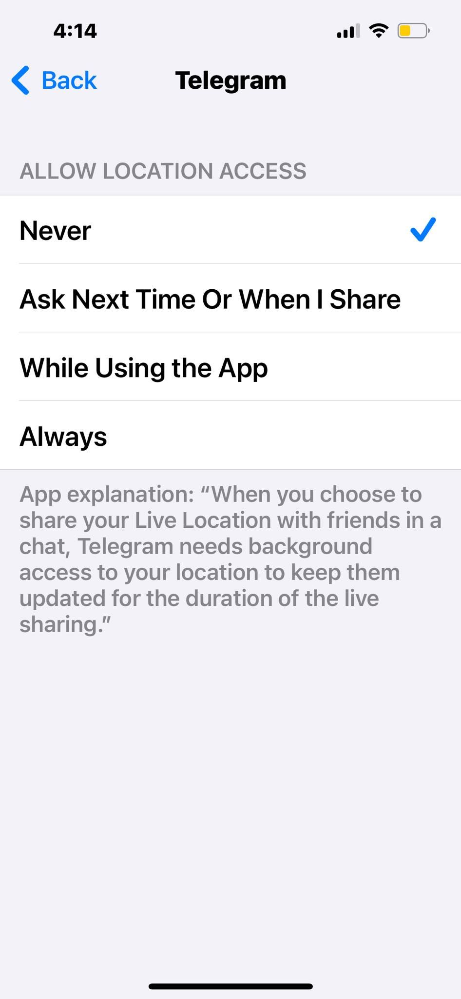 Настройки доступа к местоположению для Telegram на iOS