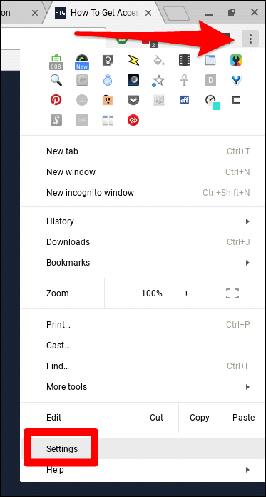 Настройки Chrome, меню с тремя точками и пункт Settings