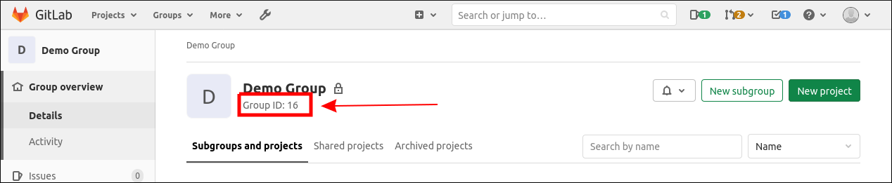 Скриншот с ID группы в интерфейсе GitLab