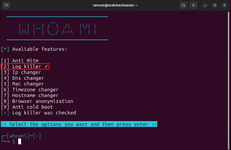 Терминал с переключенным модулем удаления системных логов.