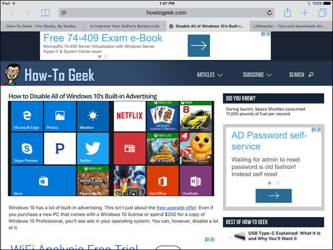 Одно окно Safari после объединения вкладок