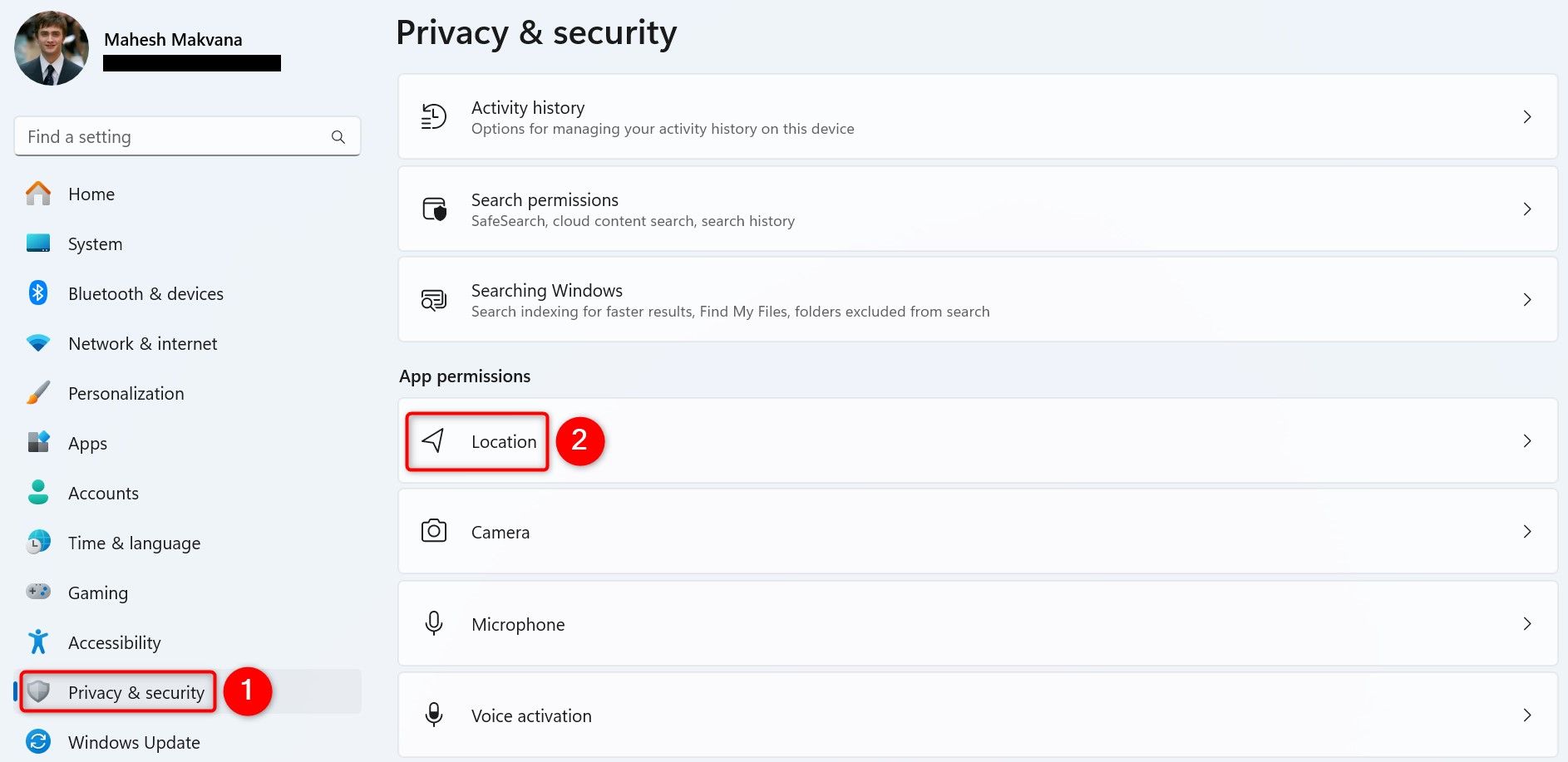 Раздел «Приватность и безопасность» и пункт «Местоположение» выделены в настройках.