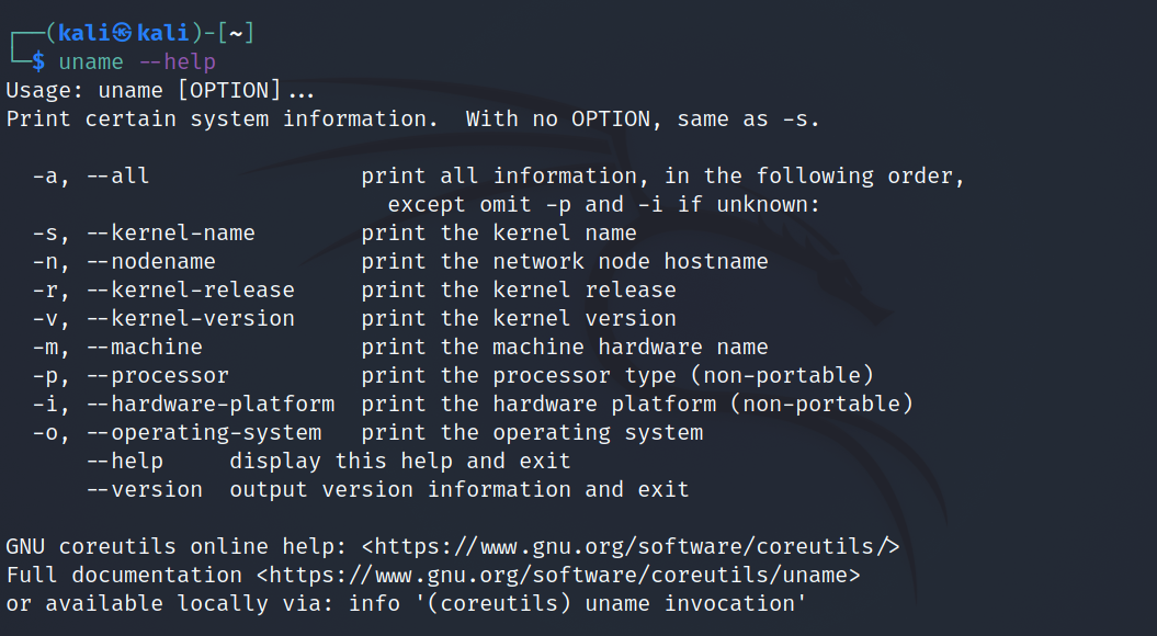 вывод uname --help с доступными опциями